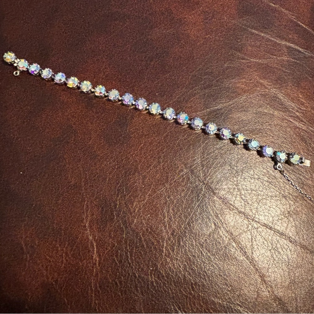 Vintage blue AB rhinestone bracelet with safety chain